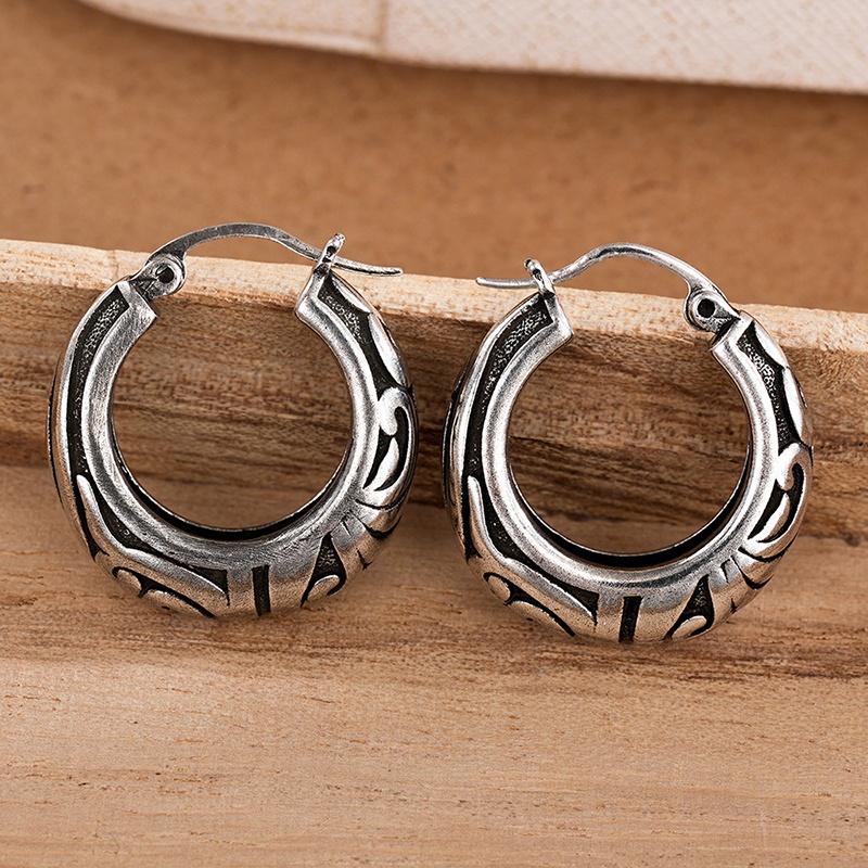 Women's Vintage Engraved Pattern Circle Hoop Earrings, Huggie Style